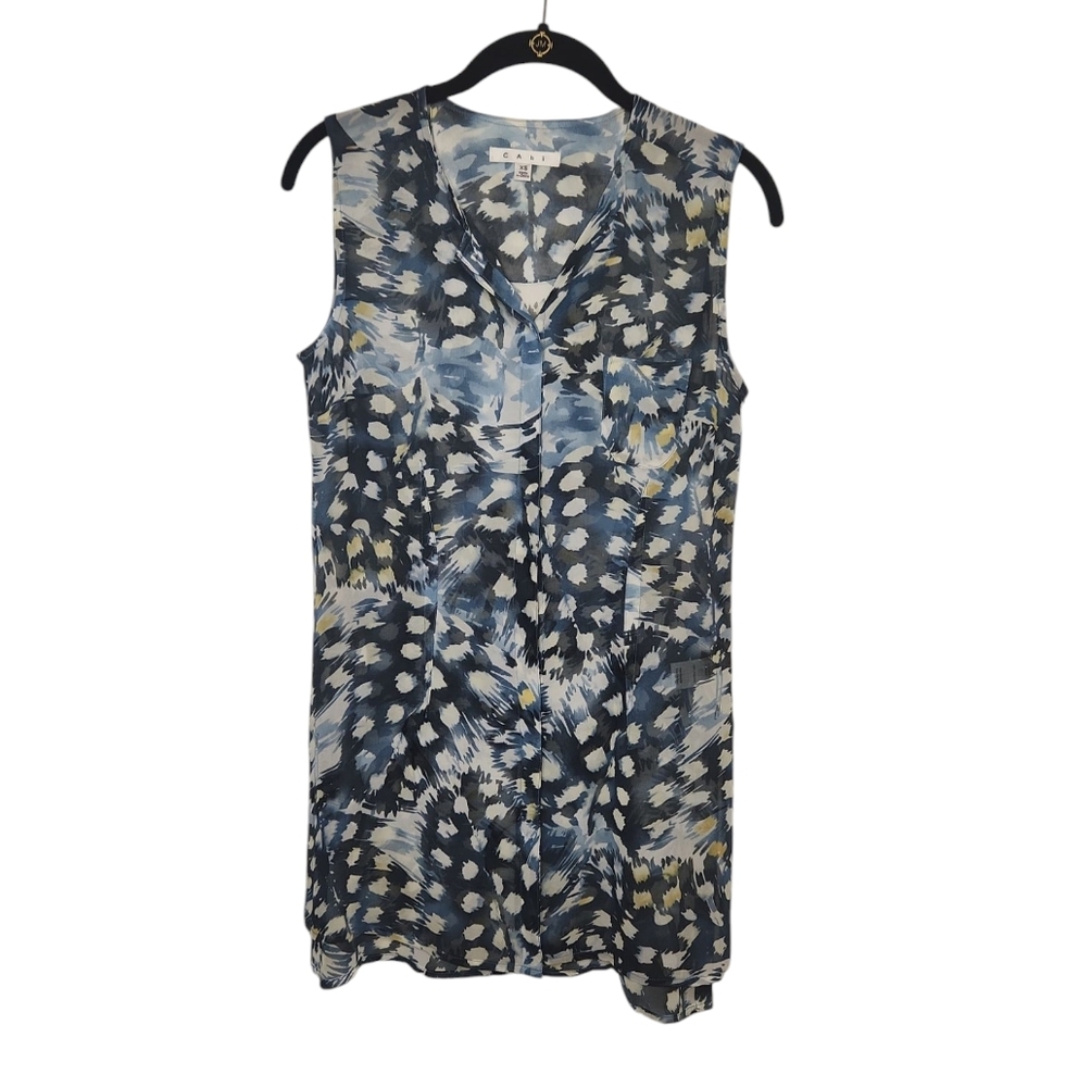 Cabi Women's Blue/White DappledDot Floral Semi Sheer Sleeveless TunicTop Size XS